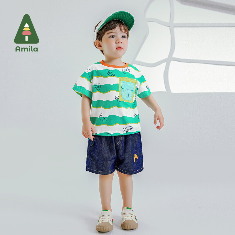 Amila 2024 Summer New Boys' Top with Wavy Short Sleeves Color Matching Round Neck Workwear Style Cotton Permeable T-shirt