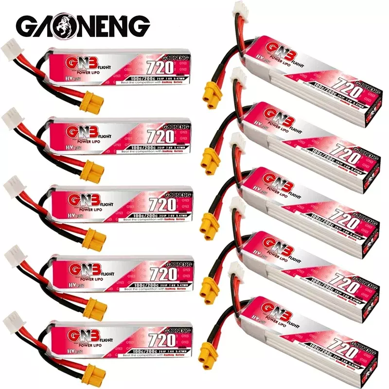 GAONENG GNB Lipo Bateria, 2S HV, 720mAh, 7.6V, 100C, 200C, XT30U-F Plug para RC FPV Whoop Racing Drone Kit, Tinywhoop, 1-10pcs por conjunto