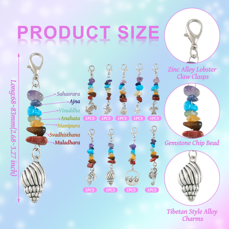 1 Set Chakra Gemstone Chip Pendants with Zinc Alloy Lobster Claw Clasps and Animal Charms for Key Chain Bag Book Decorations