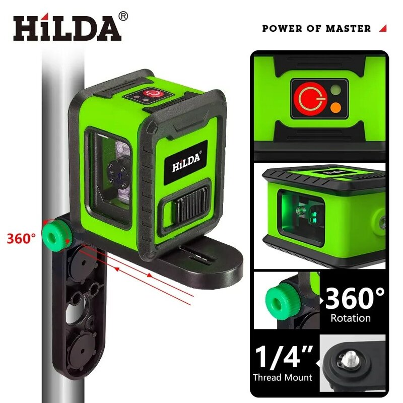 Лазерный уровень Hilda 2 Mini Lines Самонивелирующиеся зеленые балки Лазерный горизонтальный и вертикальный крест-лайн