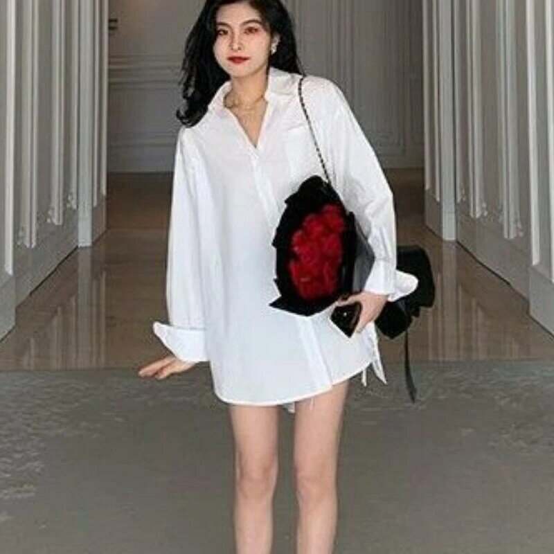 X-long BF SHIRT Wanita Musim Gugur High Street Fashion Longgar Gaya Korea Jorok Elegan Solid Classic Leisure All-Match Cool Chic