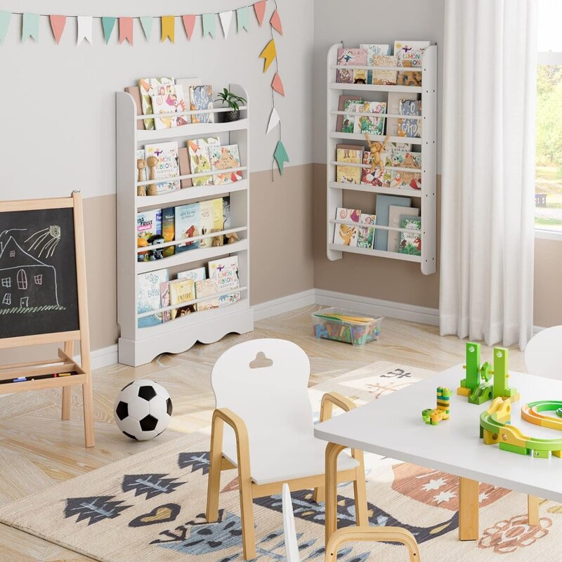 FOTOSOK estantería de pared para niños, organizador de libros de 4 niveles, almacenamiento de juguetes en el dormitorio