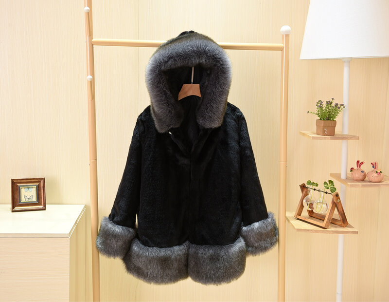 Abrigo de piel sintética con capucha para mujer, S-5XL, cuello de zorro, visón completo, longitud media, ropa cálida de otoño e invierno