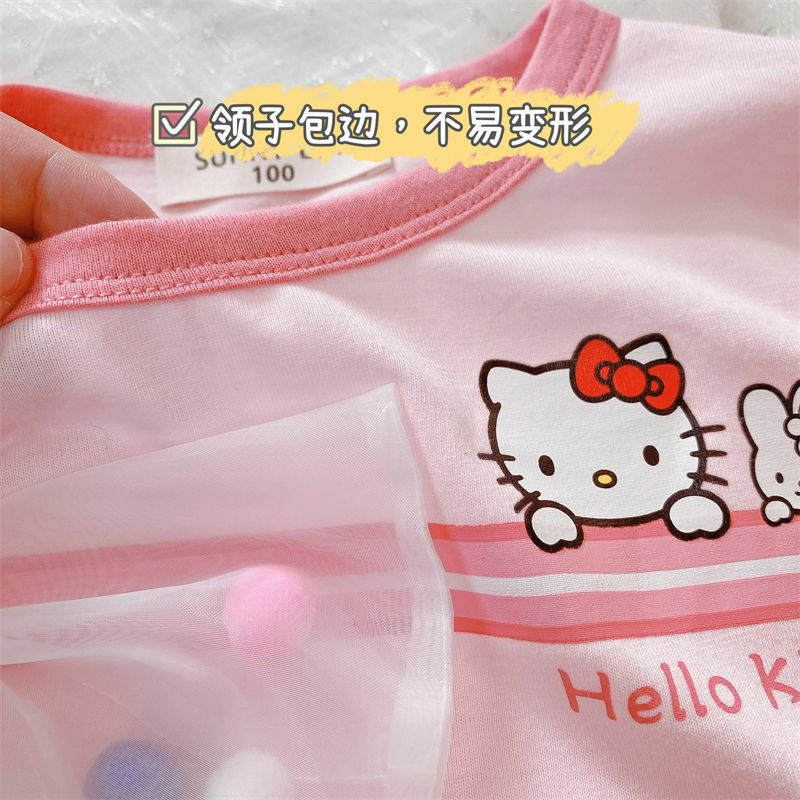 Hello Kittys kaus katun murni Kawaii Sanrios anak-anak kartun dicetak lengan pendek cepat kering bersirkulasi atasan busur lucu musim panas