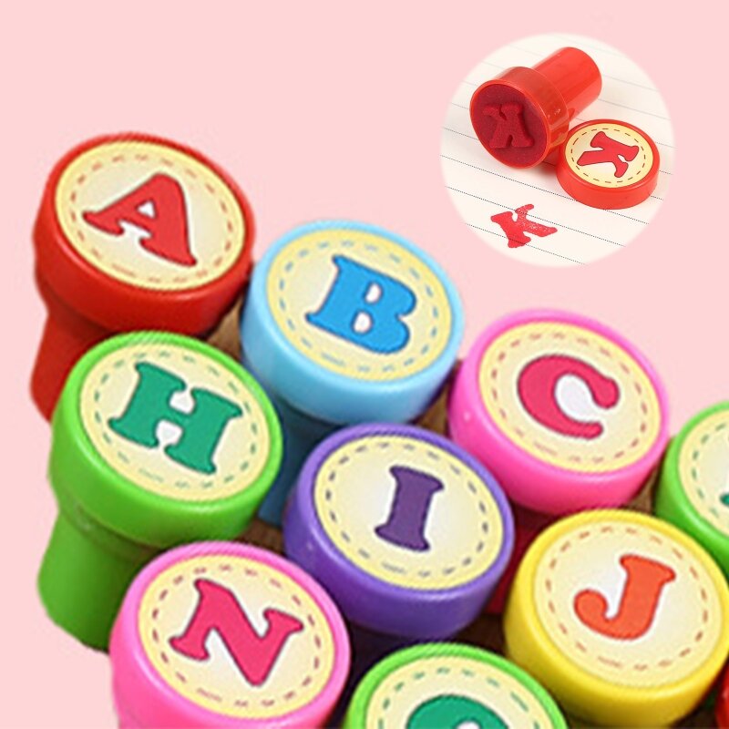 26 Pcs Alphabets Letters Round Stamp Seal Self Inking Scrapbooking Plate Ink Pads Stamper for Children Gifts Toys
