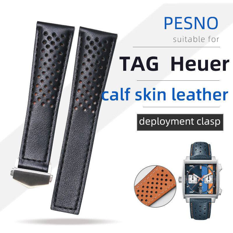 Pesno Echtem Leder Gürtel Kalbsleder Leder Uhr Band Schwarz Männer Uhr Zubehör geeignet für TAG Heuer Monaco