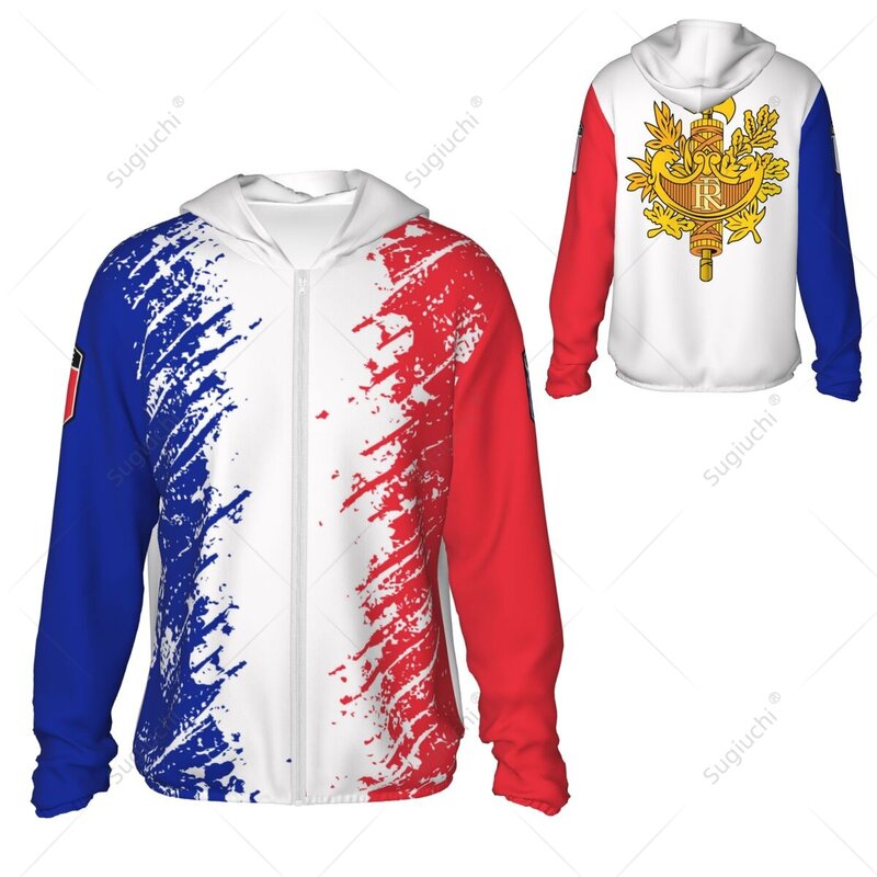 France Flag Grain Sun Protection Hoodie Sunscreen Clothes Fishing Cycling Running Quick Dry Long Sleeve With Zipper Polyester