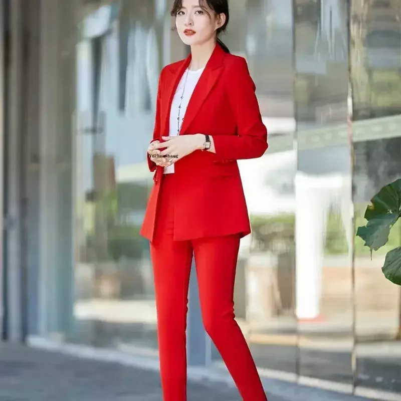 Женский офисный брючный костюм, красный комплект из двух предметов, блейзер и брюки до щиколотки, 2019