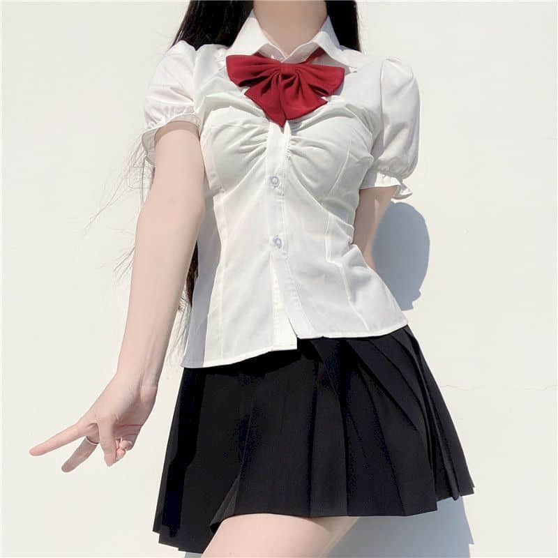 달콤한 JK 유니폼 드레스 세트 일본과 한국 스타일 탑 반팔 셔츠 하이 웨이스트 플리츠 스커트 세트, 새로운 매칭 세트