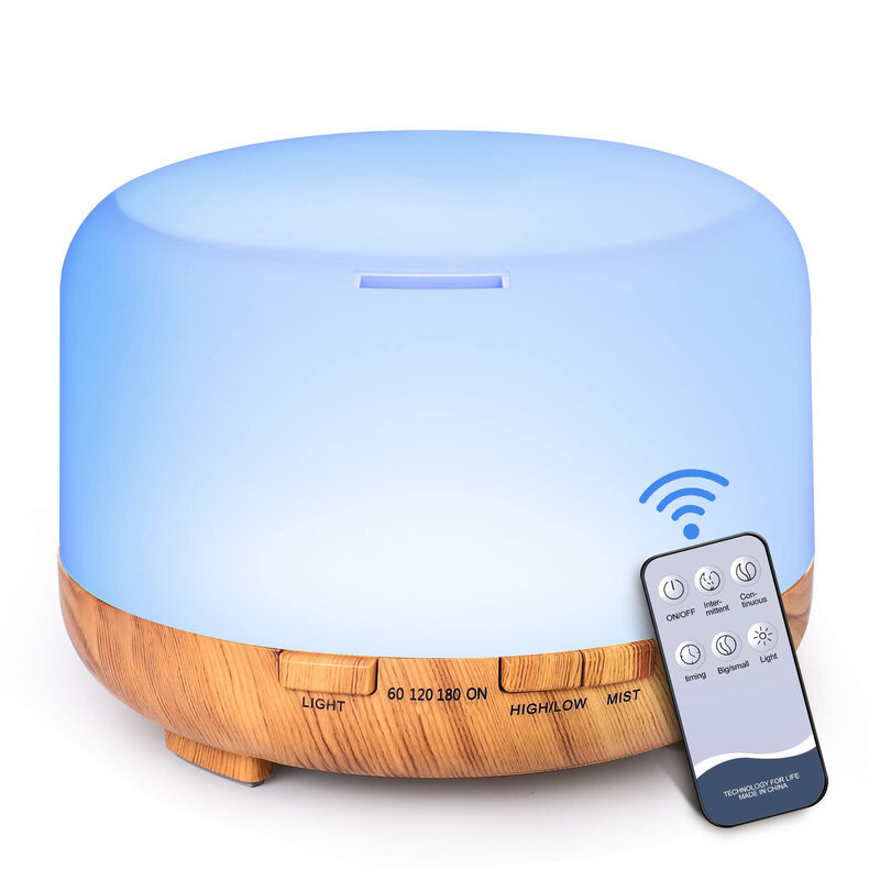 Diffusore di aromi da 500ML colore del grano del legno, umidificatore diffusore di aromaterapia con olio essenziale 5V 2A con telecomando per l'home Office
