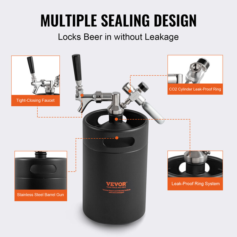 VEVOR Beer Growler Tap System Keg Growler with Pressure Display CO2 Regulator Faucet Leak-Proof Ring For Draft Homebrew