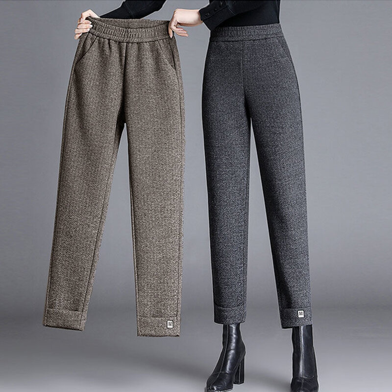 Calças com mistura de lã para mulheres, terno vintage de lã de cintura alta de tamanho grande, comprimento do tornozelo solto, outono, inverno