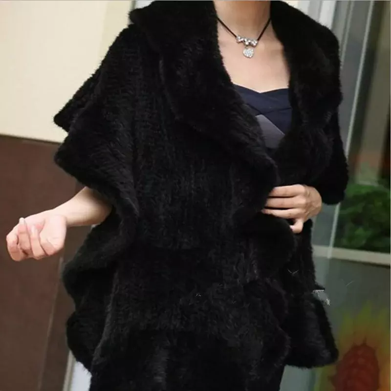 Зимнее вязаное пальто из натурального меха норки, импортное меховое пончо с оборками, шаль, женская модная черная Меховая куртка