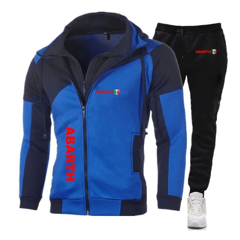 Men Abarth Spring and Autumn Color Matching Hooded Zipper Hoodie Tracksuit +Pants Sportswear New Diagonal Zipper Two-piece Suits