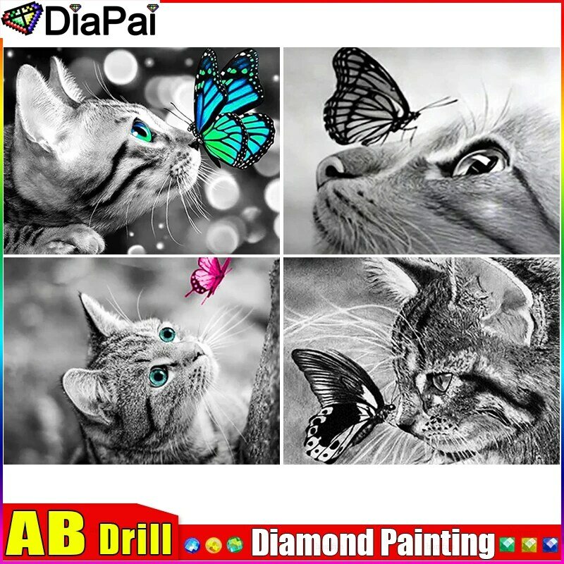 DIAPAI AB Diy 5d Diamond Painting "Cat Animal Butterfly" Cross Stitch Square Round Diamond Embroidery Handwork Rhinestone Art