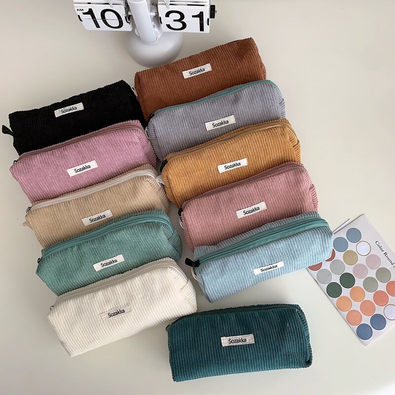 Korean Corduroy Cosmetic Bag Small Makeup Pouch Lady Portable Travel Toiletry Bag Necesserie Organizer Student Cute Pencil Case