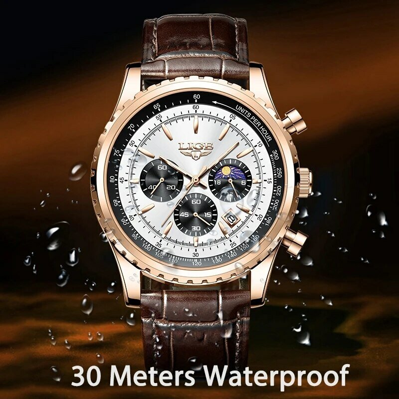 LIGE jam tangan kulit pria, arloji Quartz olahraga tahan air untuk lelaki