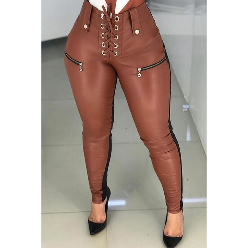 Plus Size Coffee Casual PU Leather Lace Up Zipper Detail Leggings