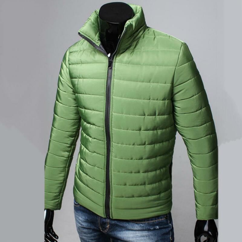 Pockets Zipper Closure Men Coat Autumn Winter Solid Color Stand Collar Puffer Jacket Outerwear