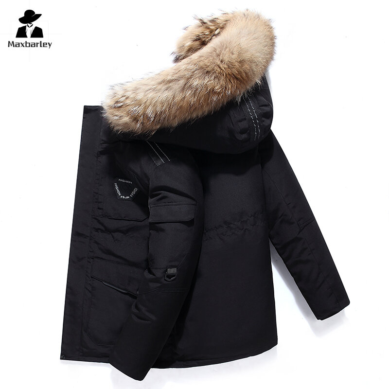 Jaket panjang Pria Korea Selatan jaket panjang bertudung kerah bulu musim dingin pria jaket Parka perkakas tahan dingin untuk pria