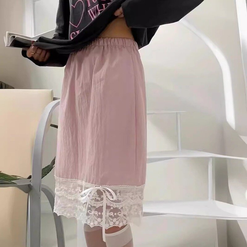 Vintage Contrast Color Color Lace Patchwork Mid-length Skirt Women 2024 Summer New Korean High Waist Loose Casual A-line Skirt
