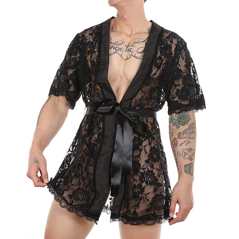 Men Nightwear Lace Long Robe + G-string Kimono Nightgown Loose Bath Gown Home Wear with T-back Belt Sexy Homewear