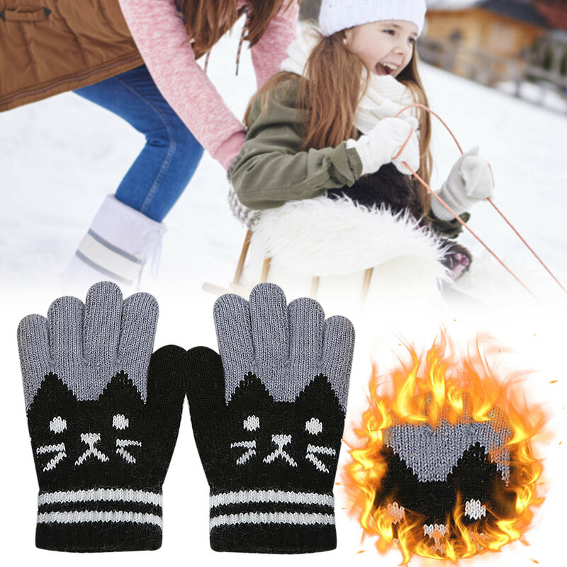 Winter Jongens En Meisjes Kinderen Leuke Kat Fluwelen Dikke Warme Gebreide Imitatie Handschoenen