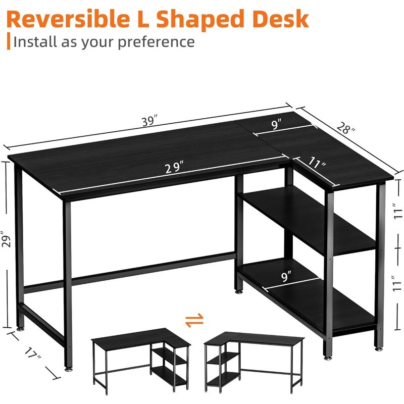 Meja berbentuk L-39 ", meja komputer rumah kantor dengan rak, Meja meja game sudut untuk bekerja, menulis dan belajar, hemat ruang