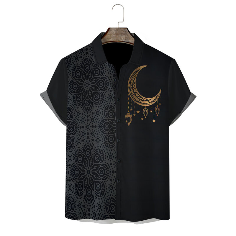 Camisas de estilo Ramadán para hombre, ropa masculina con estampado 3D de bloques de Color, camisa de manga corta con botones, Tops informales con solapa para vacaciones, 2024