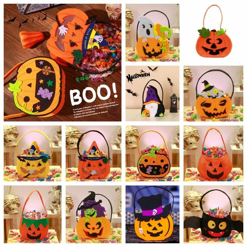 Tas selempang wol Halloween tidak ditenun, tas Tote trik lucu atau memanjakan, tas tangan ember permen labu, tas hadiah untuk anak-anak