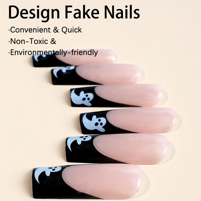 Ghost Printed Nude Halloween Fake Nails Durable & Never Splitting Comfort Fake Nails for Women and Girl Nail Salon