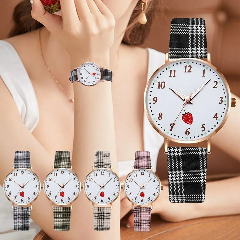 Bonito conjunto de reloj con patrón de fresa para niñas, reloj de cuarzo versátil, a la moda, enviado