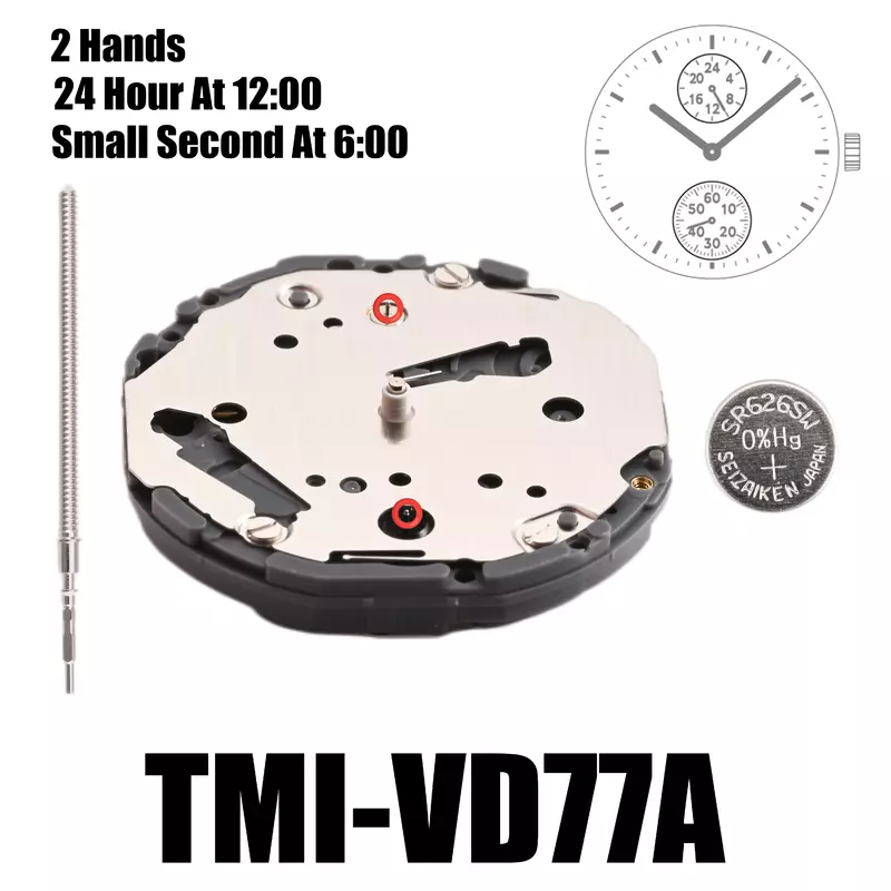 VD77 Movement Tmi VD77 Movement 2 Hands Multi-eye Movement Multi-eye (day, date, 24 hr, small sec) Size: 10 ½‴  Height: 3.45mm