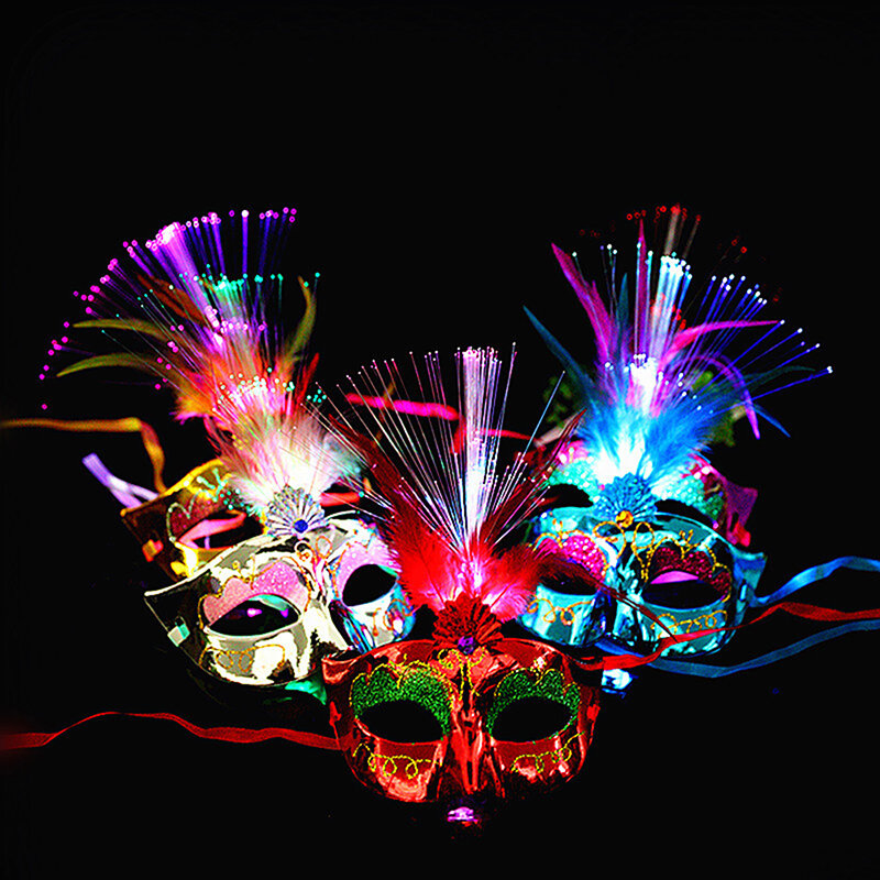Multi cor halloween led pena máscara de fibra óptica baile de formatura festa princesa pena máscara decoração suprimentos brilho máscara de luz