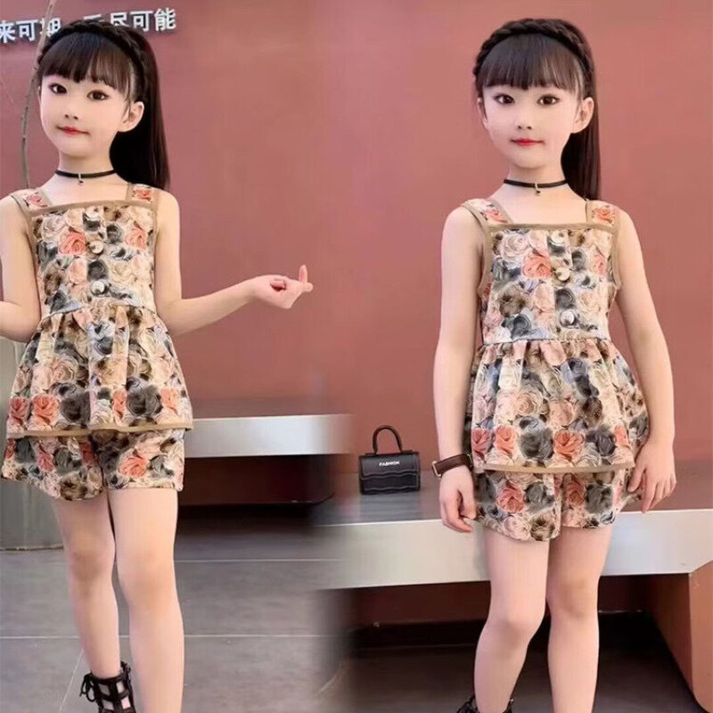 Girls Summer Suit 2024 New Children's Clothes Korean Chiffon Halter Vest + Shorts Two-piece Sets Tide Kids Clothing Tracksuit