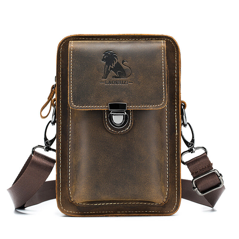 Men Leather Casual Waist Pack First Layer of Cowhide Multi-functional Single Shoulder Crossbody Portable Mobile Phone Brown Bag