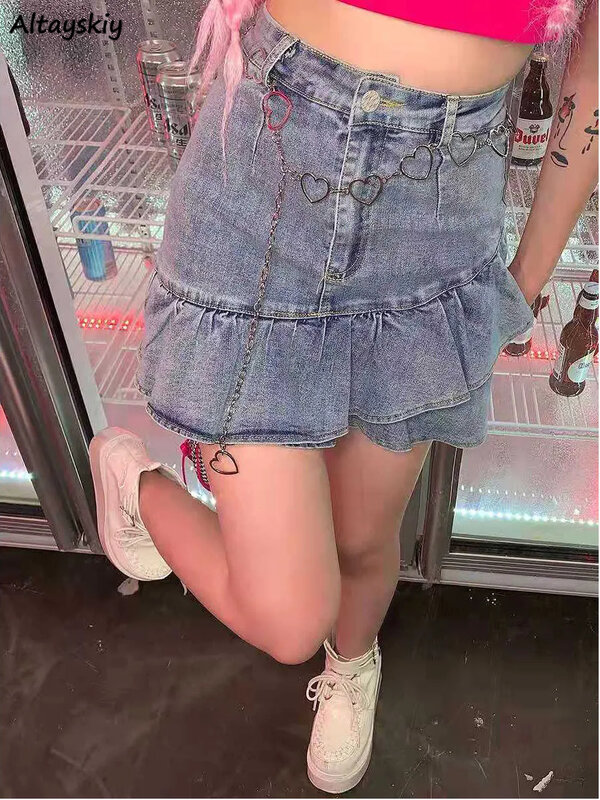 Женская джинсовая мини-юбка, юбка А-силуэта с асимметричными оборками, подходящая ко всему корейская мода, привлекательная Милая стильная юбка для девушек Y2k
