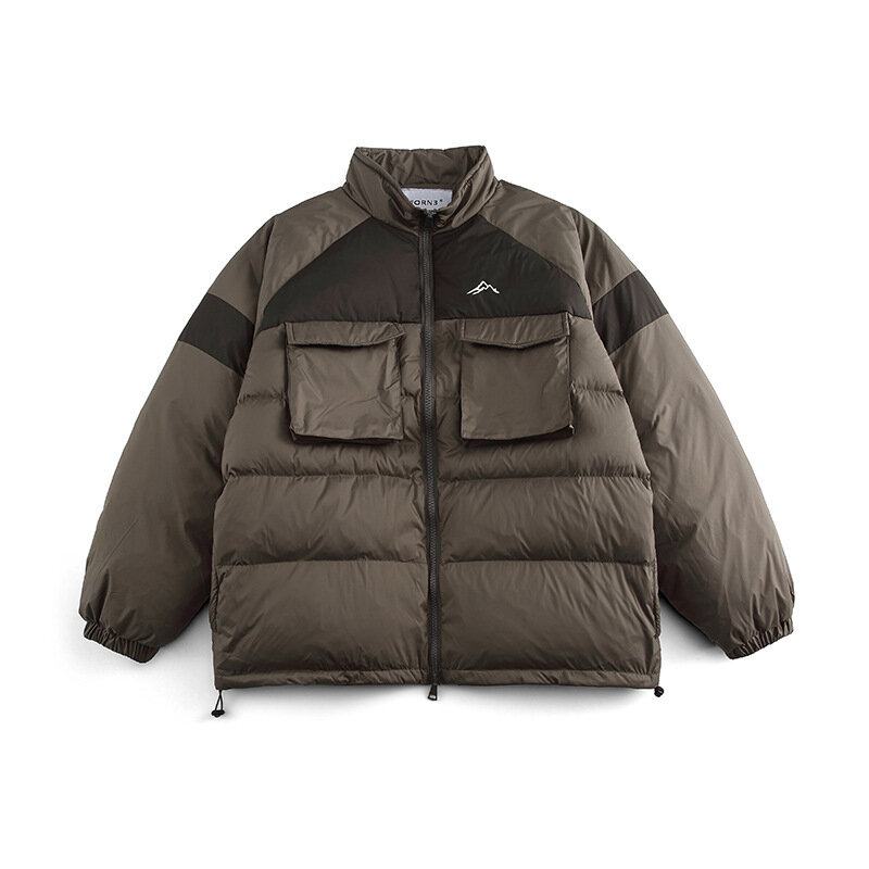 겨울 색상 대비 스티치 스탠드 칼라 90 다운 재킷, 낮의 물결 따뜻함 입체 멀티 포켓 다운 재킷