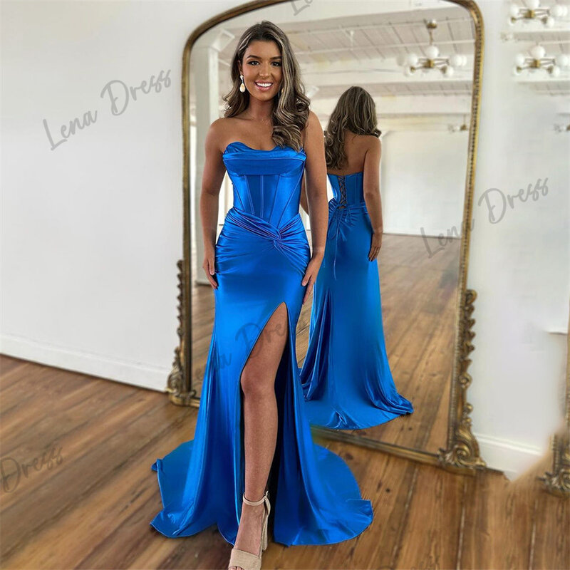 Lena - Elegant Royal Blue Lily Spot Women's Evening Dress Loudspeaker Party Dress Lace up Rear Split Evening Dress
