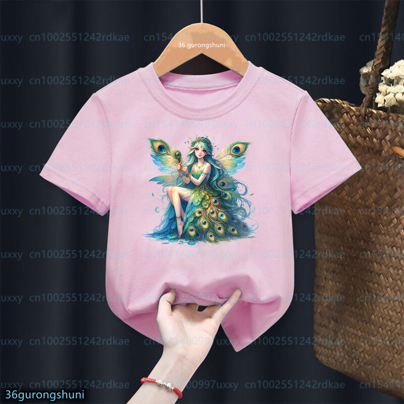 Keluaran baru 2024 kaus Anak perempuan T-shirt gambar cetak grafis gadis peri musim semi merak anak-anak baju anak-anak lucu musim panas
