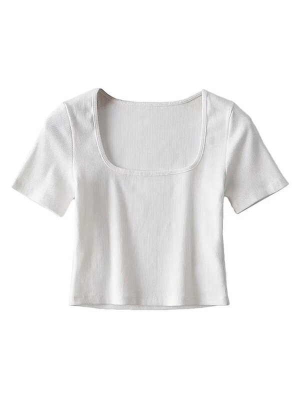Camiseta corta con cuello cuadrado para mujer, Top corto de manga corta