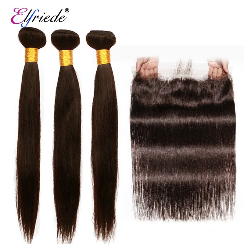 Elfriade-mechones de pelo liso de color marrón oscuro, 100% cabello humano, tramas cosidas, 3 mechones Frontal con encaje 13x4, n. ° 2