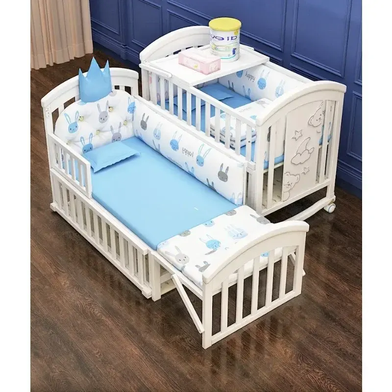 Tempat tidur bayi baru lahir, tempat tidur bayi baru lahir bahan kayu padat gaya Eropa putih dapat dilepas, ayunan multi-fungsi untuk anak baru lahir