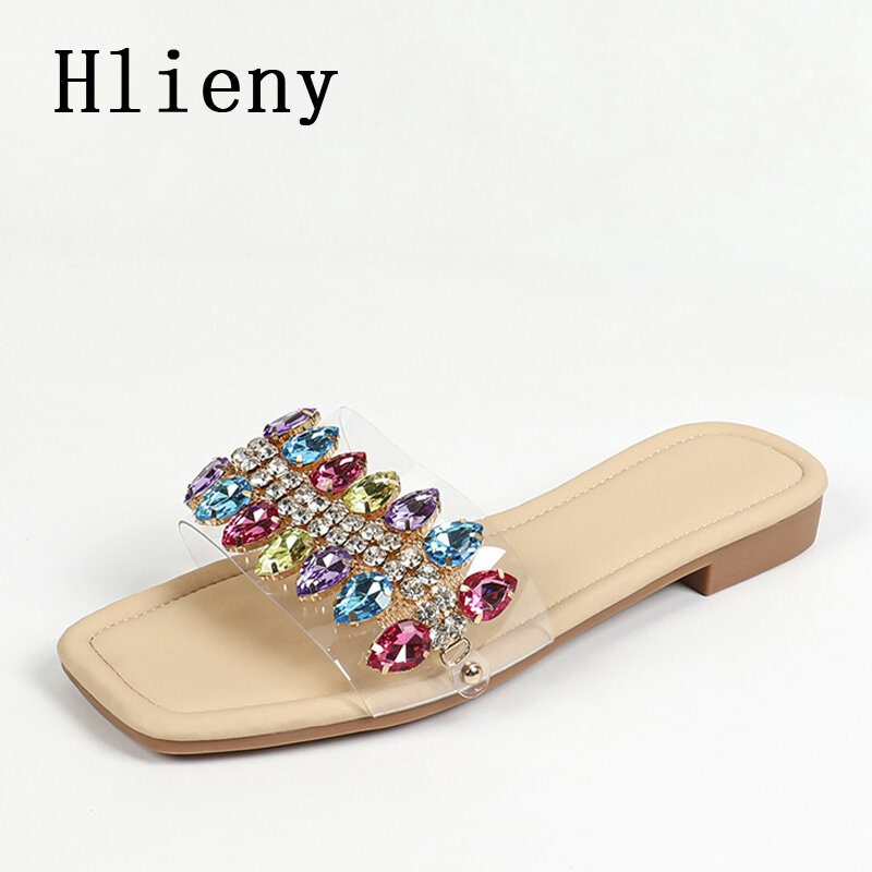 Hlieny Summer Glitter Crystal Women Slippers Bright Diamond Flat Bottom Female Sandals Flat Heels Casual Beach Slides Shoes