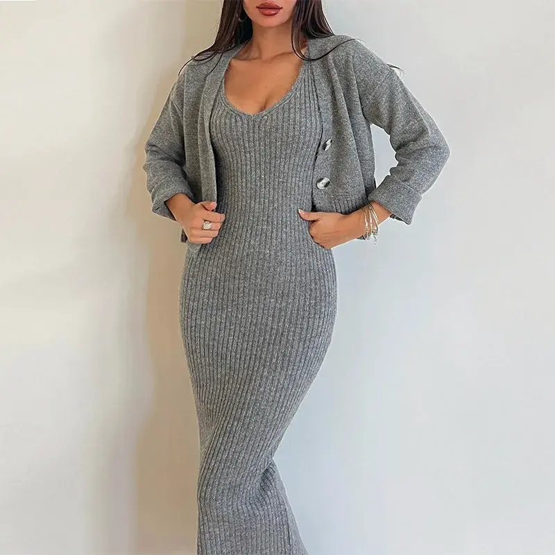 Women's Sets Fashion 2024 Sexy Sling Dress Two Piece Set with Temperament Wrap Hip Long Dress Long Sleeved Coat Set for Women
