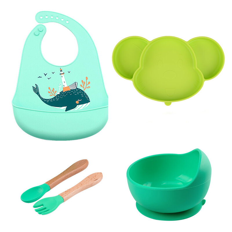 Vajilla de silicona para bebé, platos antideslizantes, cuenco de succión, taza, cuchara, juegos de tenedores, Baberos de silicona sin BPA