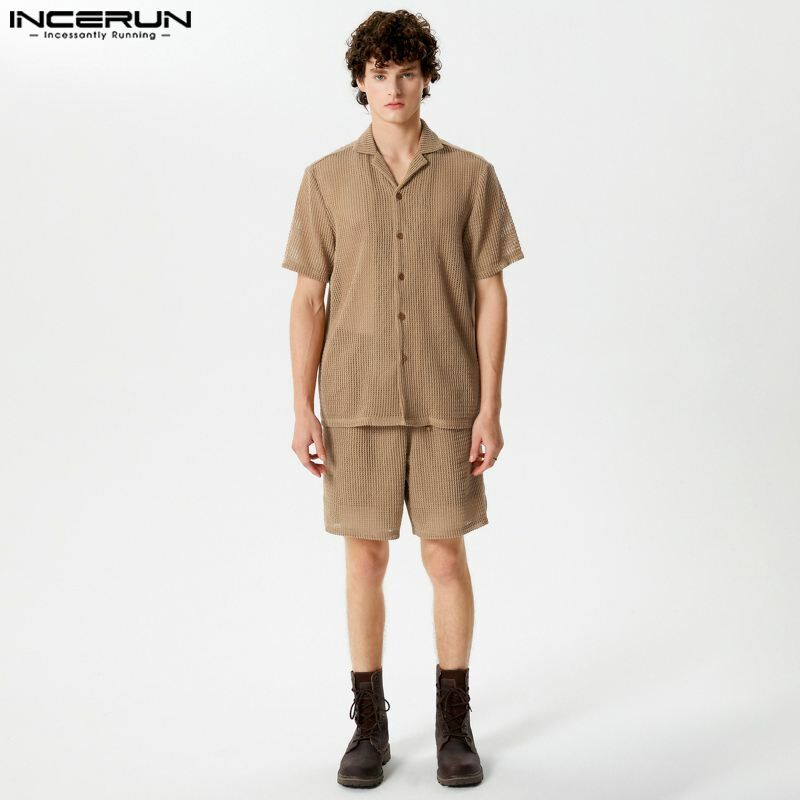 INCERUN-Conjunto de camisa de manga corta y pantalones cortos para hombre, ropa de calle de 2 piezas, trajes informales de moda de verano, 2024
