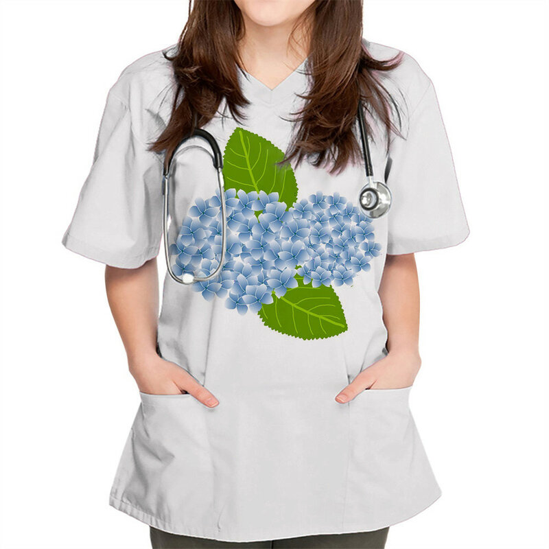 Uniforme de enfermera con estampado floral para mujer, camiseta de manga corta con cuello en V, uniforme de trabajo, bolsillo estampado, nuevo estilo