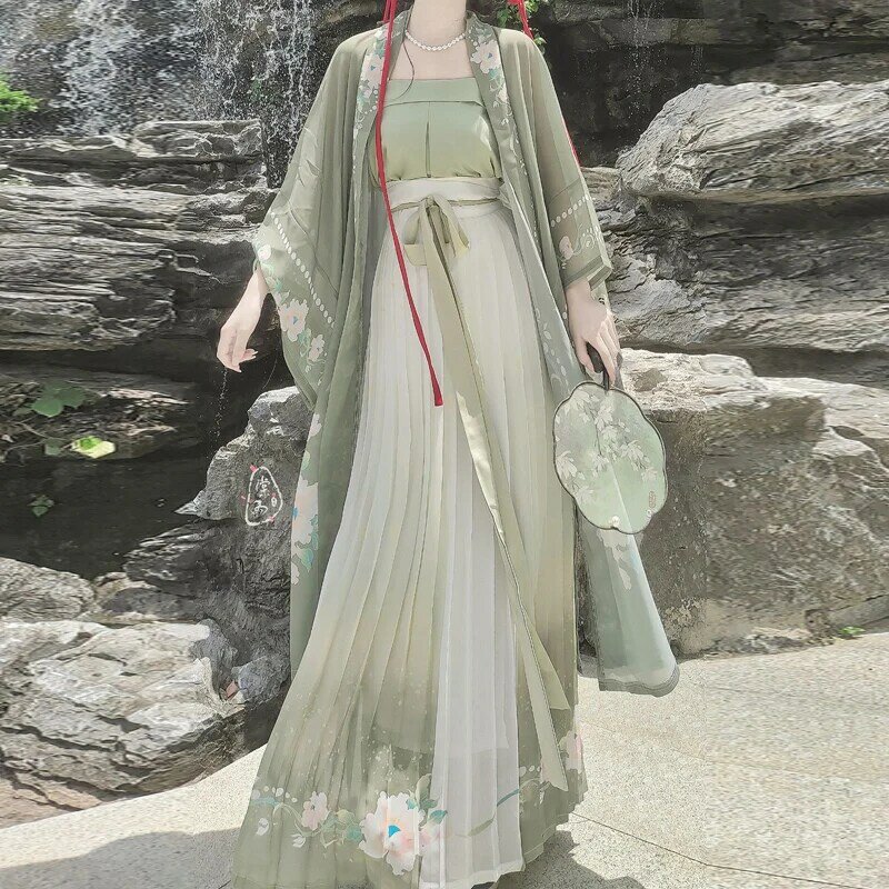 Modern Traditional Hanfu Three-piece Set Green Dress Chinese Style Fairy Folk Suit Chinese Clothes Sweet Fresh Green