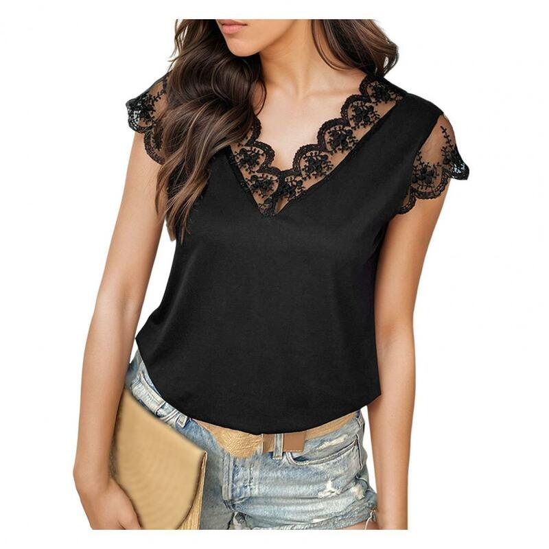 Comfortable Top Elegant Lace Stitching V-neck Women's Summer Tops Slim Fit Solid Color Pullover Streetwear Stylish for Women